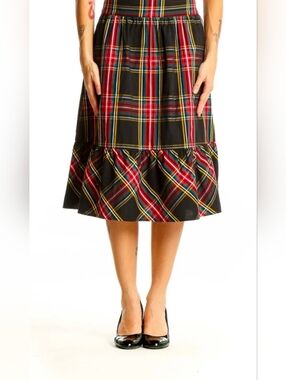 J. Crew Plaid Tartan Midi Skirt A-Line Ruffled Hem Black Red Sz 12 Heritage Prep